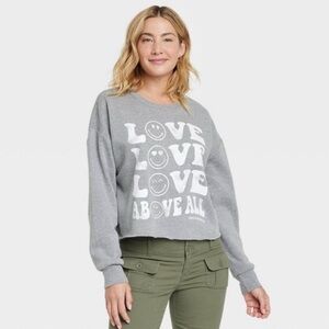 Women's SmileyWorld Love Above All Graphic Sweatshirt Gray L Smiley Company